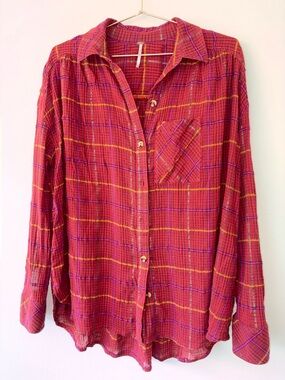 Free People Plaid Button Down Gauze Top Boho Oversized Pink